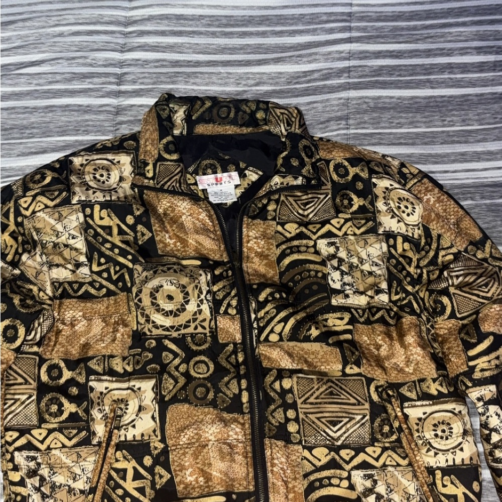 Vintage 90s Silk Bomber Jacket - Abstract Patchwork Print - Women’s Medium